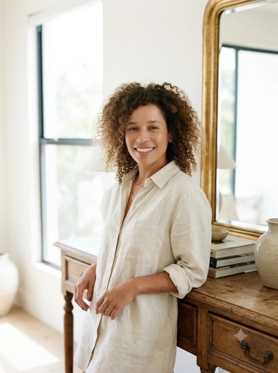 Rosalía dos Santos, decoradora de interiores, junto a una consola antigua