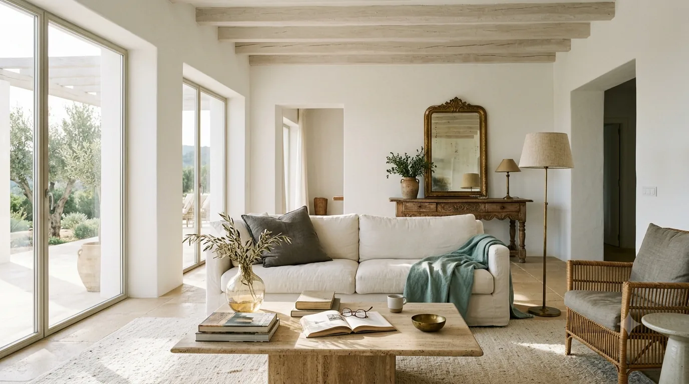Salón de villa andaluza en Marbella con sofá de lino hueso y ventanales al olivar