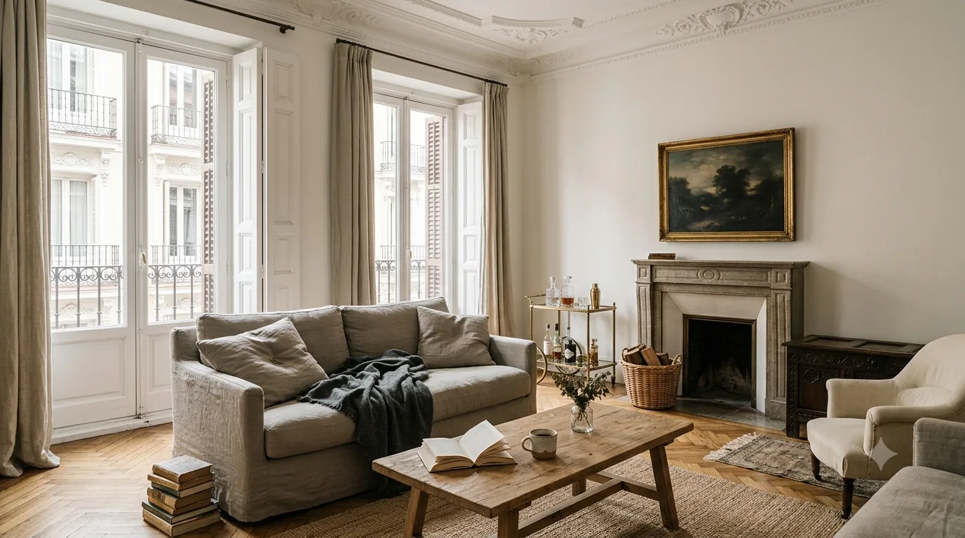 Salón de piso clásico madrileño con molduras, chimenea de mármol, óleo antiguo y sofá de lino greige