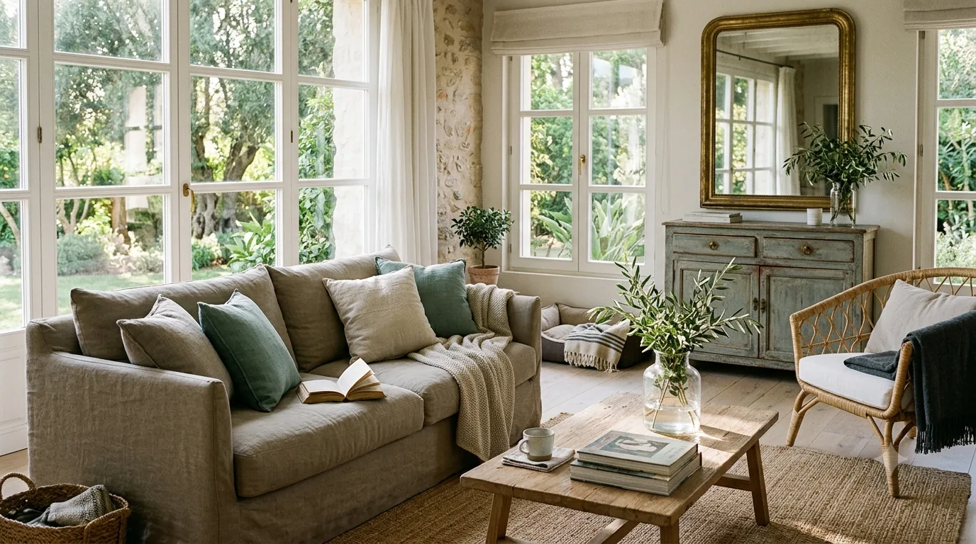 Salón de casa de campo en Sotogrande con el jardín visible desde las ventanas