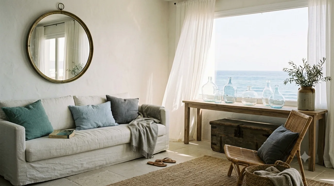 Salón de apartamento junto al mar en Marbella con cojines verde agua